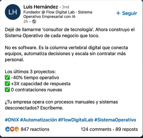 Post de LinkedIn sobre sistema operativo empresarial por Flow Digital Labs