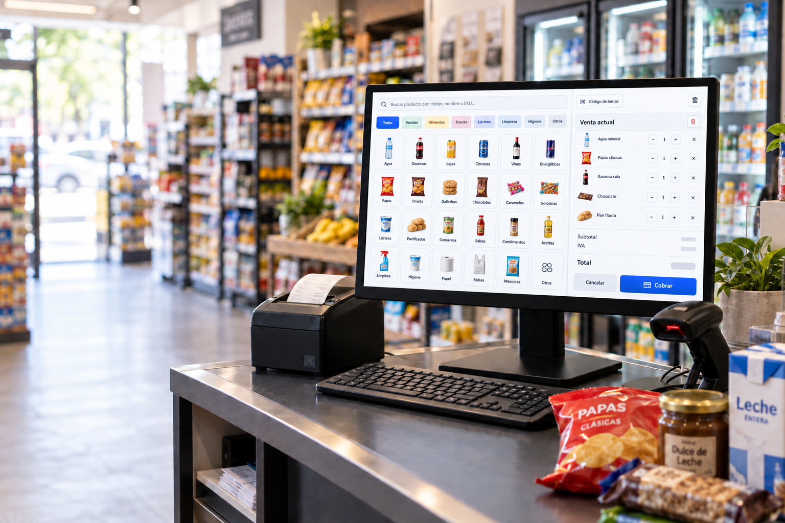 Escena ilustrativa de una caja rápida POS en un comercio